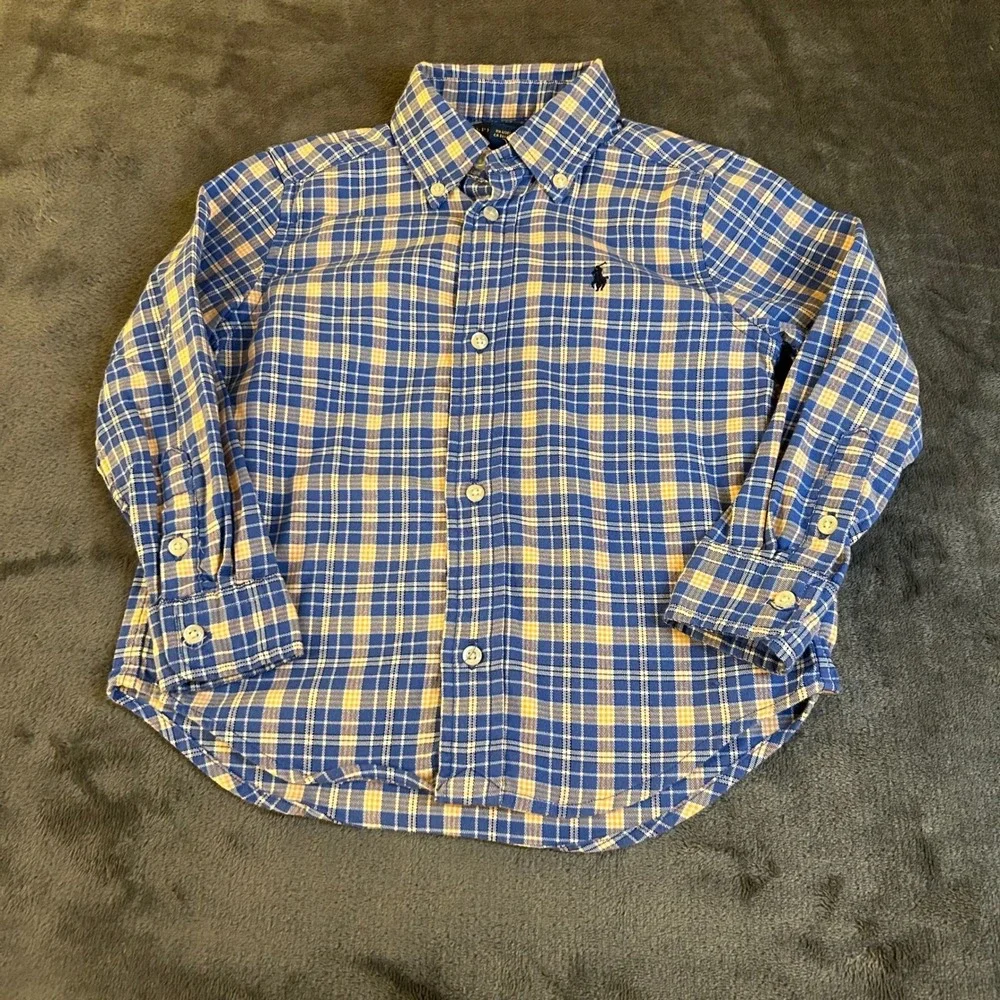 Ralph Lauren Plaid Button Down Shirt Kids 3T Blue Yellow Long Sleeve